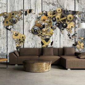   Fotótapéta - Mechanika mintás világtérkép fa háttérrel