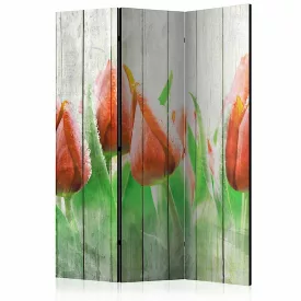 Paraván - Piros tulipánok fa háttéren